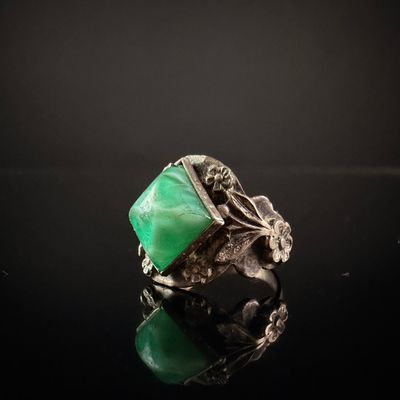 Sale Photo Thumbnail #207: Vintage Sterling Silver Floral Motif Cocktail Ring with Square Green Stone