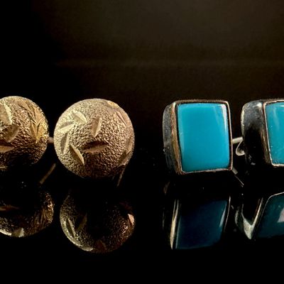 Sale Photo Thumbnail #74: Two Pairs of Stud Earrings Including 14K Gold and Sterling Silver with Turquoise