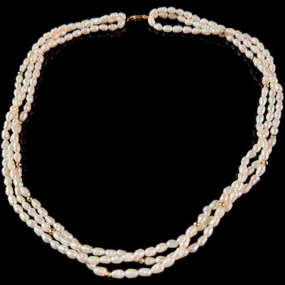 Sale Photo Thumbnail #188: Triple-Strand Freshwater Cultured Pearl and 14 Karat Yellow Gold Bead Necklace
