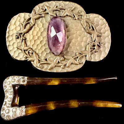 Sale Photo Thumbnail #54: Two pieces of vintage costume jewelry comprising a hammered metal foliate sash brooch and a rhinestone set faux tortoiseshell hair pin