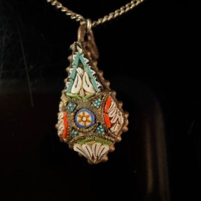 Sale Photo Thumbnail #222: Vintage Italian Micro Mosaic Teardrop Pendant Necklace
