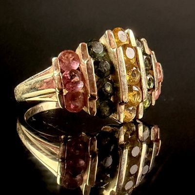 Sale Photo Thumbnail #102: Multi-Gemstone 10K Yellow Gold Tiered Bar Cocktail Ring