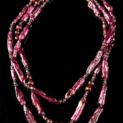 Sale Photo Thumbnail #215: Triple-Strand Magenta Dyed Freshwater Pearl and Glass Bead Necklace with Sterling Silver Clasp