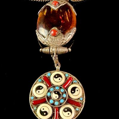 Sale Photo Thumbnail #124: Tibetan Style Articulated Silver Toned Pendant Necklace with Amber Coral and Turquoise