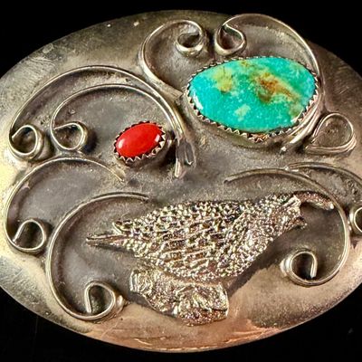 Sale Photo Thumbnail #52: Large Vintage Southwestern Style Silver Toned Turquoise and Coral Quail Belt Buckle