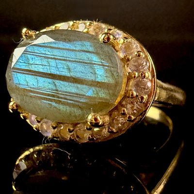 Sale Photo Thumbnail #176: Annabella Collection Labradorite and Rainbow Moonstone Halo Ring in Gold Flashed Sterling Silver