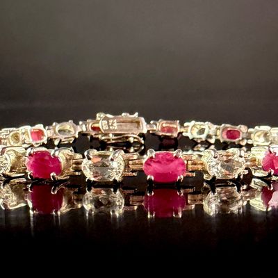 Sale Photo Thumbnail #145: Sterling Silver Tennis Bracelet Set with Oval Cut Red and Colorless Gemstones