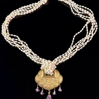 Sale Photo Thumbnail #113: A Multi-Strand Mother-of-Pearl and Amethyst Longevity Lock Whistle Necklace