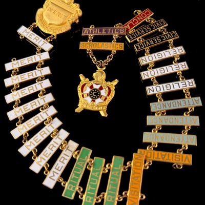 Sale Photo Thumbnail #146: Vintage Order of DeMolay Enameled Merit Bar Chain with Shield Pin and Crown Pendant