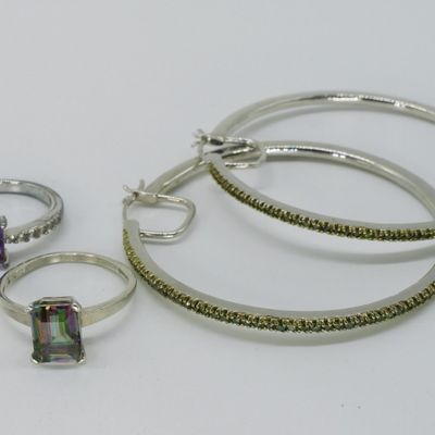 Sale Photo Thumbnail #379: Green Moissanite Earrings and Two Rings, Sterling
