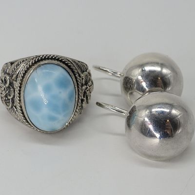 Sale Photo Thumbnail #52: Larimar Sterling Ring & Drop Earrings