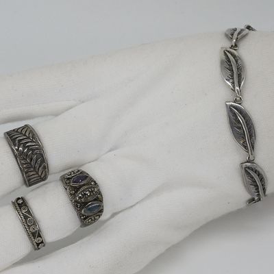 Sale Photo Thumbnail #122: Leaf Design Bracelet and Rings, Sterling