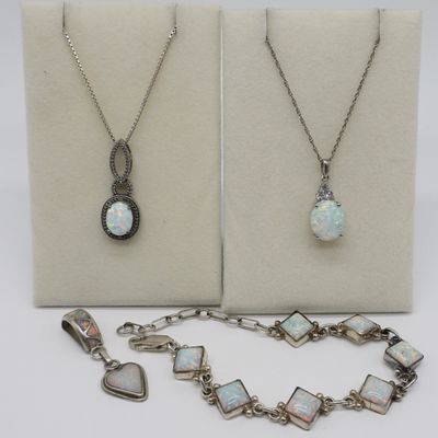 Sale Photo Thumbnail #151: Four Sterling Opal Necklaces, Bracelet & Pendant