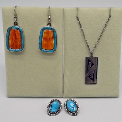 Sale Photo Thumbnail #40: Navajo 925 Necklace & 2 Pair Earrings