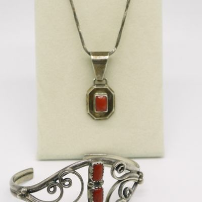 Sale Photo Thumbnail #44: Red Coral Gemstone, Sterling Necklace & Cuff