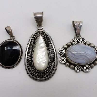 Sale Photo Thumbnail #339: 3 Sterling Pendants, Blue Lace Agate & More