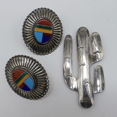 Sale Photo Thumbnail #20: Southwest Sterling Cactus Pin & Earrings
