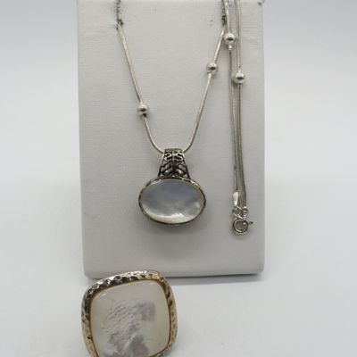 Sale Photo Thumbnail #214: Mother of Pearl Sterling Ring & Necklace
