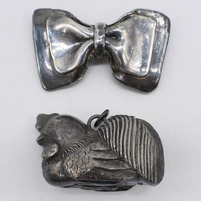 Sale Photo Thumbnail #251: Puffed Sterling Bow Brooch & Chicken Pendant