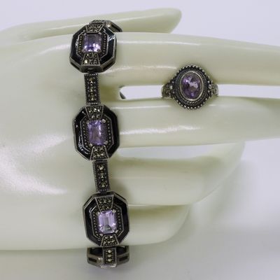 Sale Photo Thumbnail #387: Vintage Sterling, Amethyst, Marcasite Bracelet,