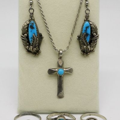Sale Photo Thumbnail #29: Five Navajo Sterling Rings, Cross & Earrings