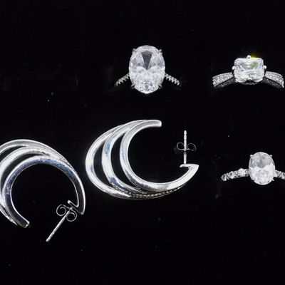 Sale Photo Thumbnail #2: Sterling Solitaire Rings & Elegant Earrings