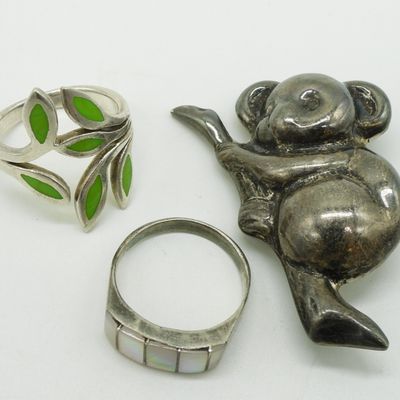 Sale Photo Thumbnail #369: Sterling Koala Brooch & Two Rings