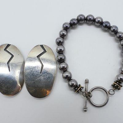 Sale Photo Thumbnail #90: Taxco Sterling Clip On Earrings and Bracelet