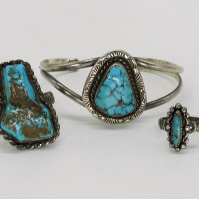 Sale Photo Thumbnail #389: Vintage Sterling Turquoise Rings & Cuff