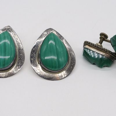 Sale Photo Thumbnail #84: Carved Green Onyx & Malachite 925 Earrings