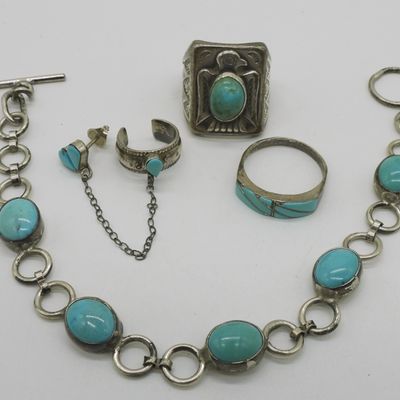 Sale Photo Thumbnail #376: Four 925 Turquoise Rings, Ear Cuff & Bracelet