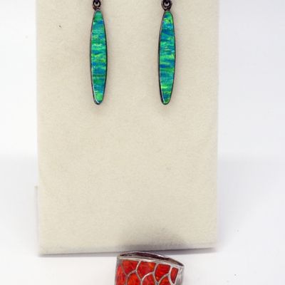 Sale Photo Thumbnail #160: Colored Opal Ring and Earrings in Sterling