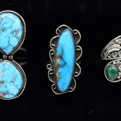 Sale Photo Thumbnail #3: Navajo Malachite Ring & Two Turquoise Rings