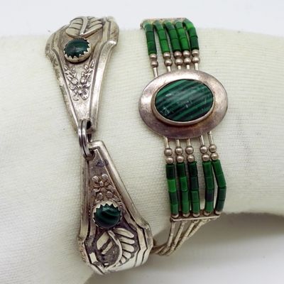 Sale Photo Thumbnail #26: Two Sterling Malachite Bracelets