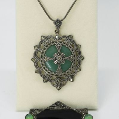 Sale Photo Thumbnail #30: Chrysophase, Onyx & Marcasite 925 Necklace, Pin