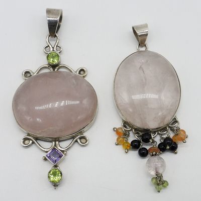 Sale Photo Thumbnail #312: 2 Sterling Rose Quartz Pendants