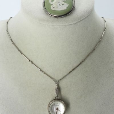 Sale Photo Thumbnail #142: Wedgwood Brooch & Vintage Watch Necklace
