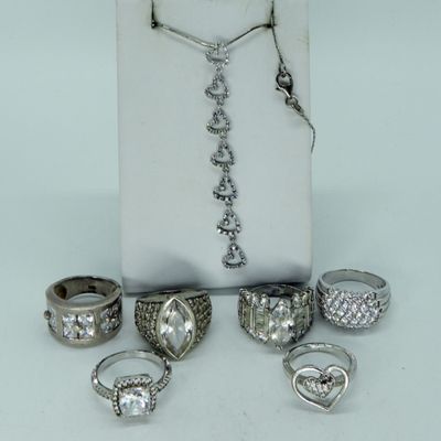 Sale Photo Thumbnail #150: 7 Sterling Simulated Diamond Rings & More