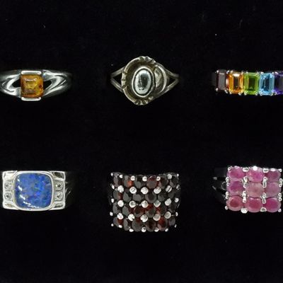 Sale Photo Thumbnail #381: Six Sterling Gemstone Rings, Ruby, Garnet & More