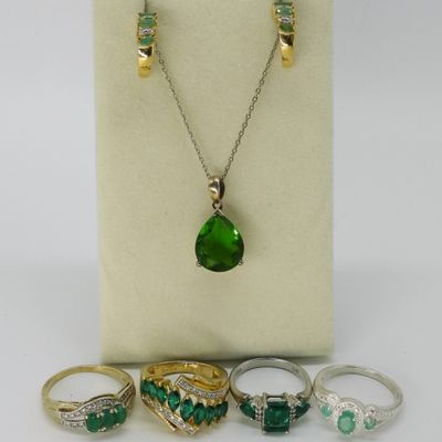 Sale Photo Thumbnail #200: Simulated Emerald Rings, Earrings and Necklace