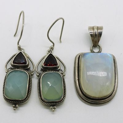 Sale Photo Thumbnail #359: Moonstone Pendant, Green Onyx Earrings - Sterling