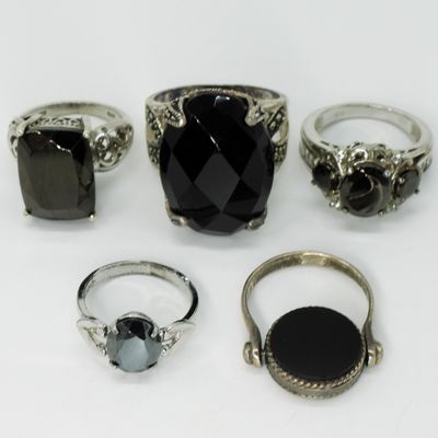 Sale Photo Thumbnail #185: Five Sterling Black Gemstone Fashion Rings