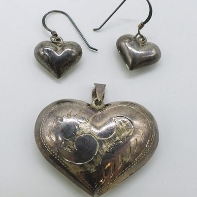 Sale Photo Thumbnail #194: Vintage Heart Shaped Sterling Pendant & Earrings