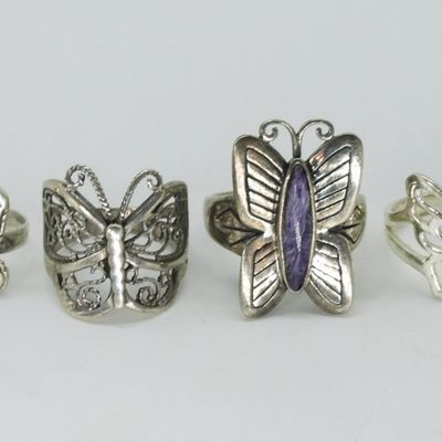 Sale Photo Thumbnail #370: 4 Sterling Butterfly Rings, Charoite & Turquoise