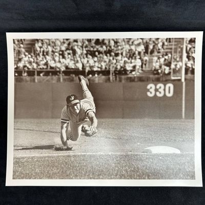 Sale Photo Thumbnail #187: Analog Photograph Print Baltimore Orioles Player Diving Catch Black and White