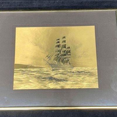 Sale Photo Thumbnail #145: Framed Vintage Gold Foil Sailboat Etching (R72)