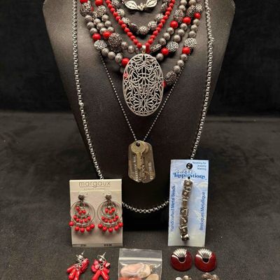 Sale Photo Thumbnail #74: 14pc Red and Silver Toned Cinnabar and Steel Costume Jewelry Collection