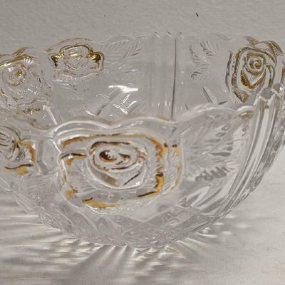 Sale Photo Thumbnail #456: Vintage Clear Glass Bowl With Raised Gold Flower Design