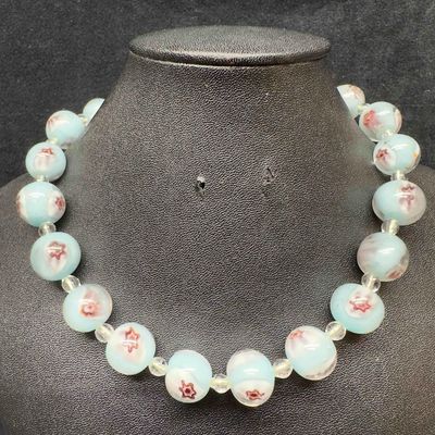 Sale Photo Thumbnail #85: Venetian Murano Lamp Work Art Glass Sky Blue Bead Black and White Beaded Accents Necklace D28