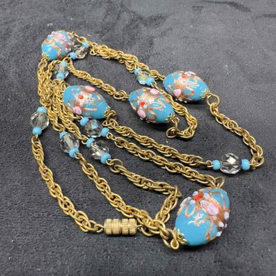 Sale Photo Thumbnail #186: Murano Venetian Glass Lamp Work Blue Bead Fiorato Beaded Chain Necklace A61